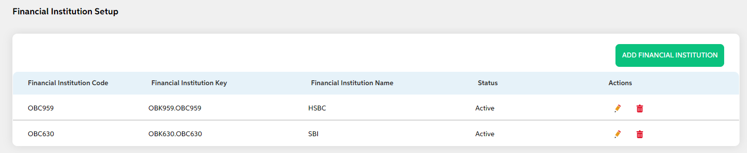 Financial Institution Setup
